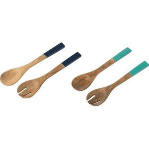 J-Line slabestek - salade serveerder - hout - blauw/wit - 2 stuks