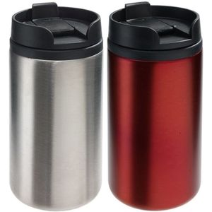 Set van 2x Thermosbekers/warmhoud bekers zilver en rood 290 ml - Isolerende drinkbekers