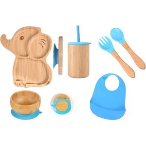 Lucellia® Bamboe babyservies set – 7 Delig Blauw Olifant - Kinderservies set - Kinderbord – Kom - Met zuignap – Kinderbestek - Babybestek - Siliconen -Slabbetjes –Baby drinkbeker-Kraamcadeau jongen–Babyshower cadeau–BPA & Melamine vrij–Gecertificeerd