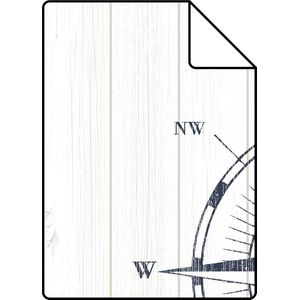 Proefstaal ESTAhome behang kompasroos op sloophout donkerblauw en wit - 138975 - 26,5 x 21 cm