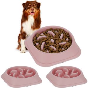 Relaxdays 3x anti-schrokbak hond - 500 ml - voerbak tegen schrokken - roze - slowfeeder