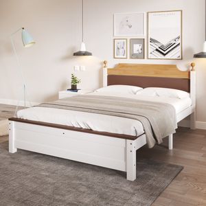 Sweiko Tweepersoonsbed, Houten bed, Dennenframe met Middenvoet,Jeugdbed, volwassen bed met MDF hoofdeinde en voetsteun, kleur geblokkeerd, Wit, 140x200 cm(Geen matras)