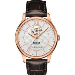 Tissot Tradition Powermatic 80 Open Heart T0639073603800 Horloge - Leer - Bruin - Ø 40 mm