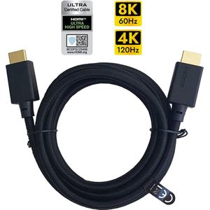 NÖRDIC HDMI-N1021 – Ultra High Speed HDMI 2.1 kabel, Gecertificeerd, 8K, 60Hz, 48Gbps, Dynamische HDR eARC, 2m, Zwart