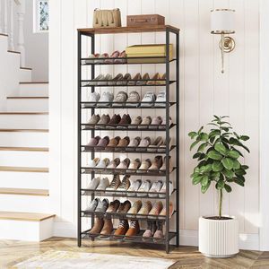 Schoenenrek, 10-laags hoge schoenenrek, grote schoenenkast, voor 27-36 paar schoenen, met platte en kantelbare planken, ruimtebesparend, voor hal, ingang, donkerbruin-zwart