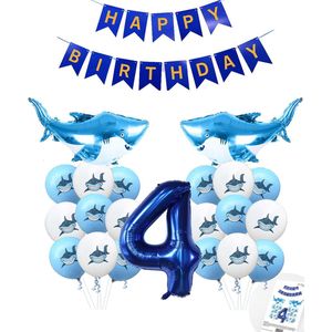 Cijferballon 4 Blauw - Haai - Shark - Ballonnen Megapakket - Slinger Feestvieren - Verjaardag Snoes