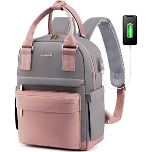 Kleine rugzak met USB-oplaadpoort - Roze/grijs - 23 x 31 x 12,7 cm - Rugtas voor dames met tabletvak - Waterbestendig - 9 L