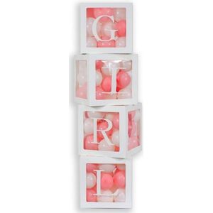 Vier doorzichtige letter ballon blokken Girl wit met 12 witte en 12 roze ballonnen - ballon - box - blok - geboorte - girl - babyshower - genderreveal