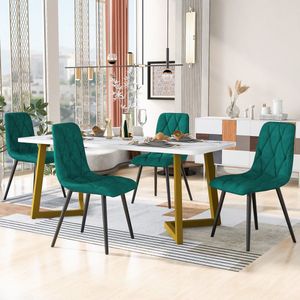 Sweiko eettafel set (117 x 68cm eettafel, 4 stoelen), rechthoekige eettafel, moderne keuken eettafel set, eettafel en stoelen, groene twill fluweel keukenstoelen, gouden tafelpoten