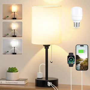 ibettertec LED Nachtlamp - Bedlamp - Bureau lamp - Slaapkamerverlichting Met USB-A + USB-C poorten en 2-polige AC-stopcontact - bediening via trekkoord wit