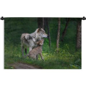 Wandkleed Wolven - Grijze wolf met jong Wandkleed katoen 60x40 cm - Wandtapijt met foto