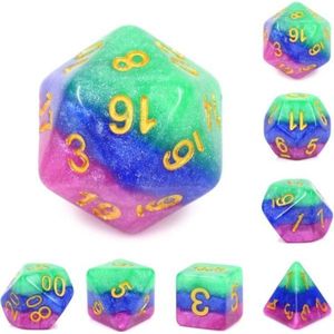 Polyset Dice | Dobbelstenen - Set Van 7 Stuks - Roze Blauw Groen Glitters Goud | Voor D&D en Andere Rollenspellen | Plastic Dobbelstenen Set voor Dungeons and Dragons | Polyhedral Dice Set | Met Mooie Zwarte Velvet Dice Bag voor Ongeveer 3 Sets