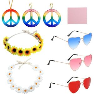 7-Piece Hippie Costume Set Including Hippie Glasses, Peace Sign Necklace, and Headband for 70s and 80s Retro Look