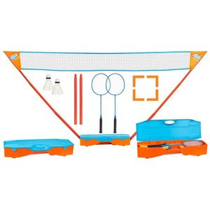 Badmintonset Blauw Oranje | In een handige doos - inclusief net | Badmintons - Badmintonnen