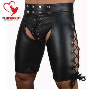 Erotische Korte Broek van Leer | Lederen BDSM Broek | Leather bondage kleding | Open billen | Erotische broek | Sexy lederen look | Kunstleer | SM Kleding | Heren | Mannen | S tot en met XXL