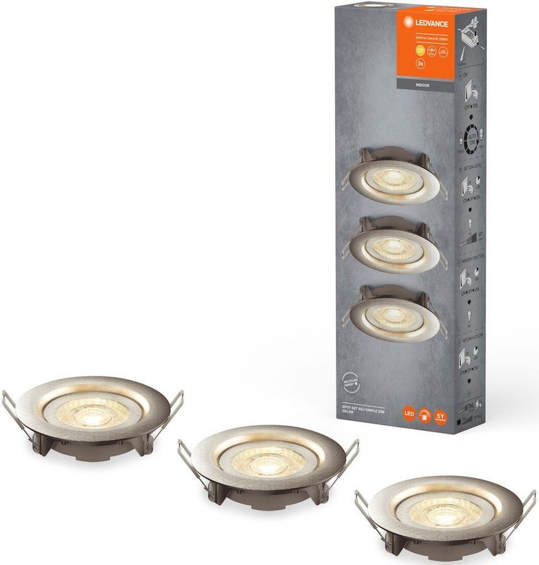 LEDVANCE LED Einbaustrahler, 90mm, 3er Set, 3x 5W, Warmweiß, Stufenlos Dimmbar per Wandschalter, grau