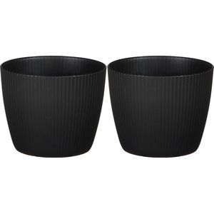 Mica Decorations - plantenpot/bloempot - 2x - kunststof - zwart/ribbels- D16/H16 cm