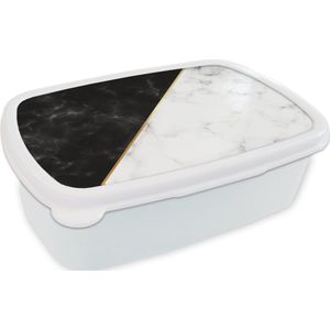 Broodtrommel Wit - Lunchbox - Brooddoos - Marmer - Wit - Zwart - Goud - 18x12x6 cm - Volwassenen