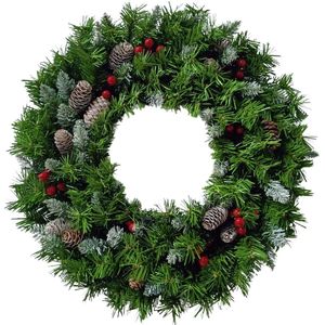 Buxibo PVC Kerstkrans met Dennenappels en Rode Bessen - Groen - 150 Takken - 50cm