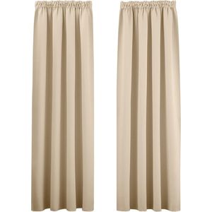 Slaapkamergordijnen met plooiband, beige, ondoorzichtig, thermogordijn tegen kou, verduisteringsgordijnen voor railsysteem, Biscotti beige, set van 2, H 200 x B 140 cm