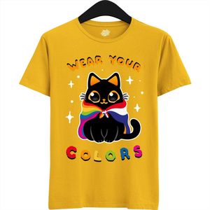 Dutch Pride Kitty - Volwassen Unisex Pride Flags LGBTQ+ T-Shirt - Gay - Lesbian - Trans - Bisexual - Asexual - Pansexual - Agender - Nonbinary - T-Shirt - Unisex - Geel - Maat XL
