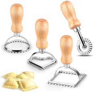 Goodivery ® Ravioli Uitsteekset met Houten Handvat en Roestvrij Stalen Vormpjes voor Diverse Creaties
