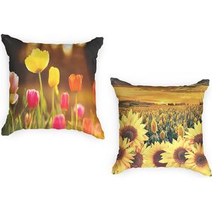 Ulticool - Buitenkussens - Tulpen Bloemen Natuur Zonnebloem Zon - Sierkussens Buiten Waterbestendig - Set van 2 Kussens 45 x 45 cm Vierkant - Exclusief Kussenvulling - Tuinkussenhoes Outdoor Hoes – Buiten Tuinkussens - Geel Rood