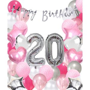 Snoes Ballonnen 20 Jaar Pink Blush Silver Mega Ballon - Compleet Feestpakket 20 Jaar - Verjaardag Versiering Slinger Happy Birthday – Folieballon – Latex Ballonnen - Helium Ballonnen - Zilver en Roze Verjaardag Decoratie