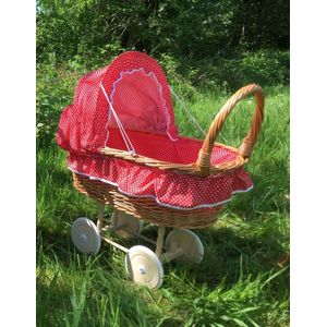 XL- Rieten Poppenwagen - houten wielen - Stoffen Kap - rood