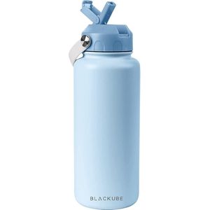 Roestvrijstalen waterfles met rietje, 1000 ml, thermosfles, BPA-vrij, lekvrij, grote metalen waterfles voor sport, school, fitness, outdoor, camping hemelsblauw