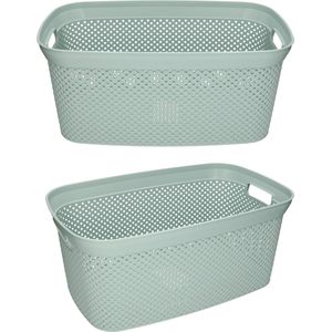 2x Groene wasmanden 35 liter 54 x 34 x 23 cm - Kunststof/plastic draagmand - De was doen huishoudartikelen - Wasmanden/wasgoedmanden