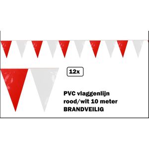 12x PVC vlaggenlijn rood-wit 10 meter BRANDVEILIG - Festival thema feest carnaval party