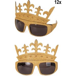 12x Bril glittergoud queens - bril koningin prinses queen goud carnaval festival thema feest landen optocht