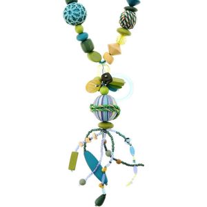 Behave Lange blauw met groene kralen ketting en hanger