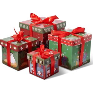8 kerstgeschenkdozen met linten, geschenkverpakking, geschenkverpakking in 4 maten (18 cm, 15 cm, 13 cm, 10 cm) robuust, praktisch en herbruikbaar
