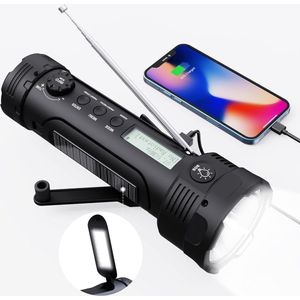 Noodradio - Radio op batterijen - Oplaadbare radio - SOS Alarm - Oplaadbaar via Batterij, Zon, USB en Opwinden - Powerbank - Zaklamp - AM/FM - Zakradio - USB C kabel - Emergency radio - Survival radio