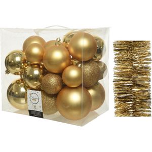 Kerstversiering kunststof kerstballen 6-8-10 cm met folieslingers pakket goud van 28x stuks - Kerstboomversiering