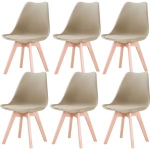 KTN® Eetkamerstoelen set van 6 - Rugleuning - Fauteuil - Woonkamerstoelen - Kuipstoelen - Gewatteerde zitting - Houten poten - Kunststof - Beige