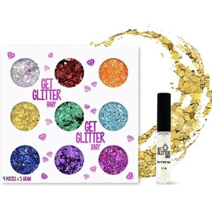 GetGlitterBaby® - Glitter Set Chunky Festival Glitters voor Lichaam en Gezicht Glitterset Face Body Glitterlijm Tattoo Pride Gaypride Regenboog / Gel Glittergel - en Glitter Lijm HuidLijm / Zilver / Rood / Oranje / Goud / Groen / Blauw / Paars / Roze