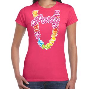 Toppers - Bellatio Decorations Tropical party shirt dames - bloemenkrans - fuchsia roze - carnaval/themafeest M