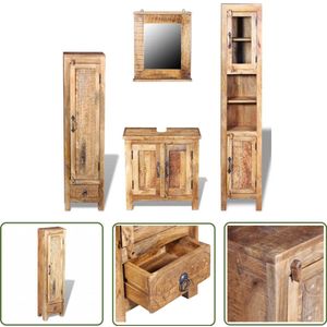 The Living Store Wastafelkast met spiegel en 2 zijkasten massief mangohout - Vintage Badkamerspiegel - Badkamermeubilair - Mangohouten Badkamerkast - Wastafelkast Met Twee Laden - Sideboards