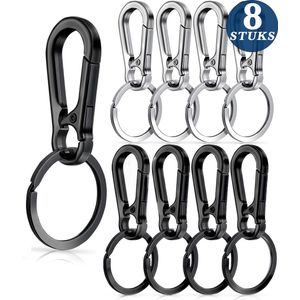 8 Stuks Zwart & Zilver RVS Karabijnhaak Sleutelhangers - Musketonhaak met Sleutelringen voor Volwassenen - Mini Musketon en ringetjes - Auto Klein Carabiner Sleutel Hanger, Houder - Karabijn haak ringen - Keychain Karabijnsluiting