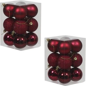 24x Donkerrode kunststof kerstballen 6 cm - Glans/mat/glitter - Onbreekbare plastic kerstballen donkerrood