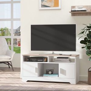 TV-lowboard tv-kast tv-bank met 2 kasten en 3 open tv-borstkasti tot 50 inch kabelgeleider openen wit+natuurlijk hout 105 x 40 x 52 cm