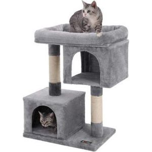 Segenn's Krabpaal  - kattenbak - met 2 holen 84 cm - met groot platform en 2 pluche grotten - speelhuisje - klimboom voor katten - Lichtgrijs