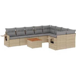 The Living Store 10-delige Loungeset met kussens poly rattan beige - Tuin Lounge Set - Loungebank - Buitenkamer - Buitendining - Relaxstoel