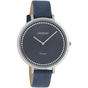 OOZOO Timepieces - Zilverkleurige horloge met donker blauwe leren band - C9852