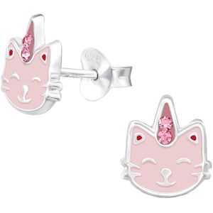 Joy|S - Zilveren kat poes oorbellen - roze met roze kristal - caticorn