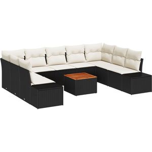 vidaXL - Tuin - Sofa - Set - Set - van - 10 - Zwart - en - crème - Rattan, - Polyester - stof