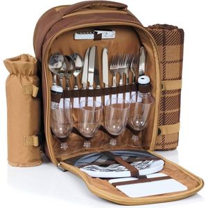 Picknickrugzak voor 4 personen (bruin) | Picknickset 32-delig | incl. flessenhouder en fleece deken, groot koelvak, servies en bestek